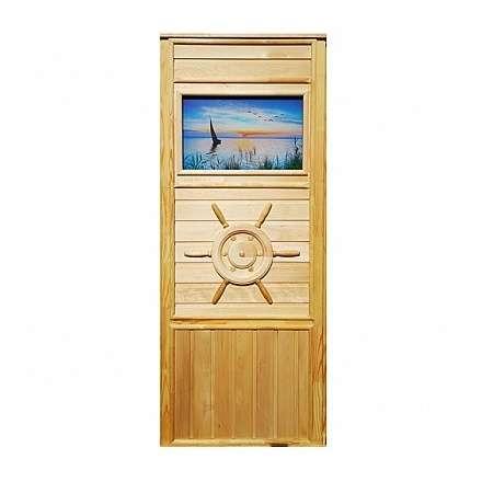 Дверь деревянная для бани DoorWood Штурвал 1840x740 со стеклом Парусник в Орше