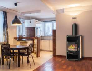 Недорогой стальной камин со стеклом Мета-Бел Ангара фото в интерьере в Орше