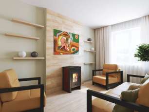 Недорогой камин со стеклом Теплодар Твист фото в интерьере в Орше