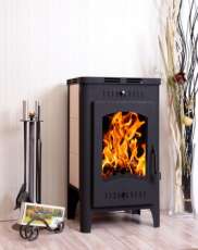 Стальной камин со стеклом Бавария Оптима с плитой фото в интерьере в Орше