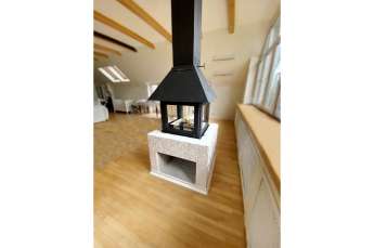 Стальной камин Эклипс островной 4D графит фото в интерьере в Орше