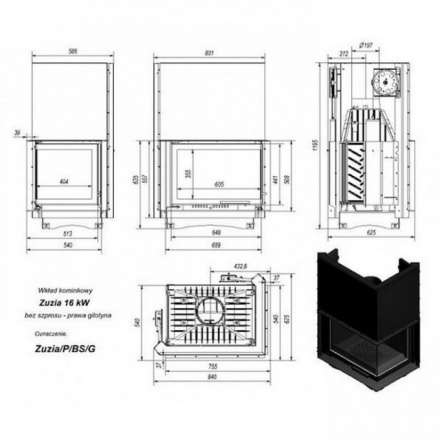 Каминная топка Kratki Zuzia/P/BS/G (угловое стекло справа,гильотина) в Орше