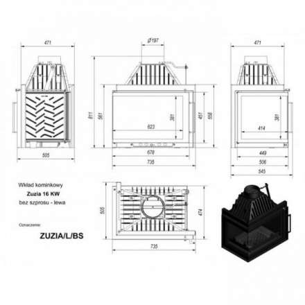 Каминная топка Kratki Zuzia/L/BS (угловое стекло слева) в Орше