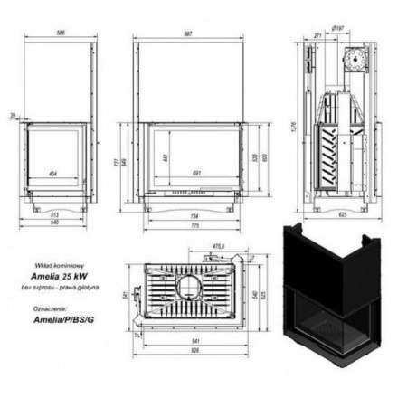 Каминная топка Kratki Amelia/P/BS/G (угловое стекло справа, гильотина) в Орше